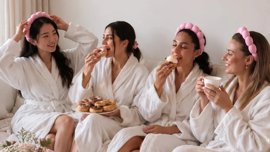 Friends in robes enjoying a Girls Night In spa evening