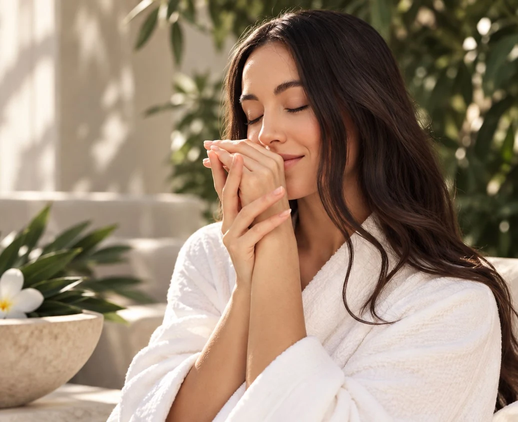Woman in a white spa robe relaxing after a Vita Home Spa massage