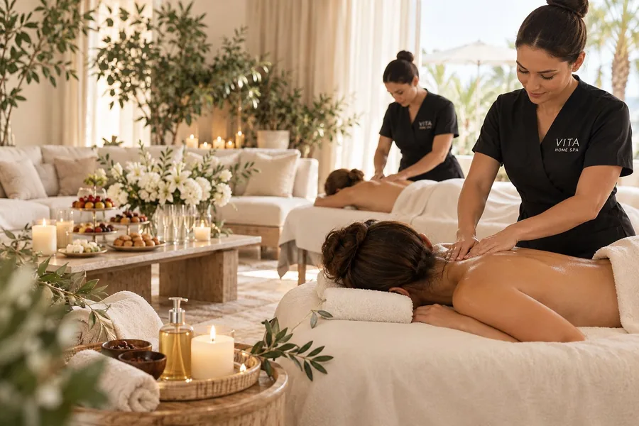 Vita Home Spa therapists giving massages at a private spa event at home in Dubai