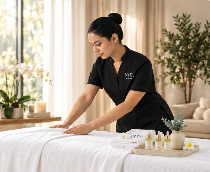 Vita Home Spa therapist preparing a massage bed with fresh towels and oils